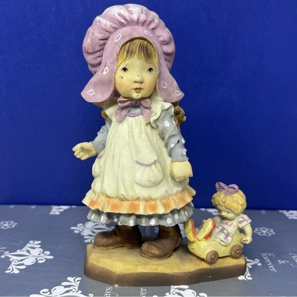 Anri Playtime Hand-carved Resin 6” Girl in Bonnet Doll in Wagon - Picture 1 of 12